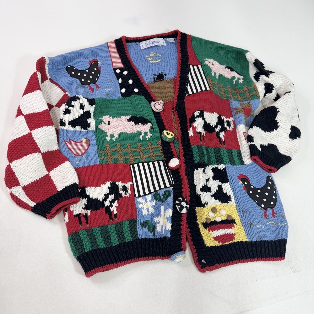 Vintage BellePointe Sweater Cardigan Womens XL Farm Barn Pig Cow Sheep Novelty
